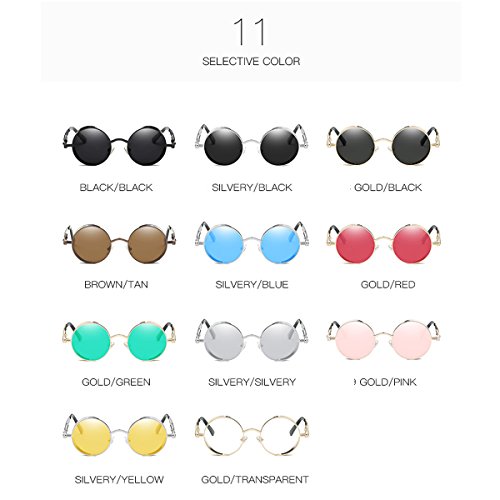 Dollger Vintage Steampunk Retro Metal Round Circle Frame Sunglasses (C2:Red Lens/Gold Frame, 100% UV Protection Lens)