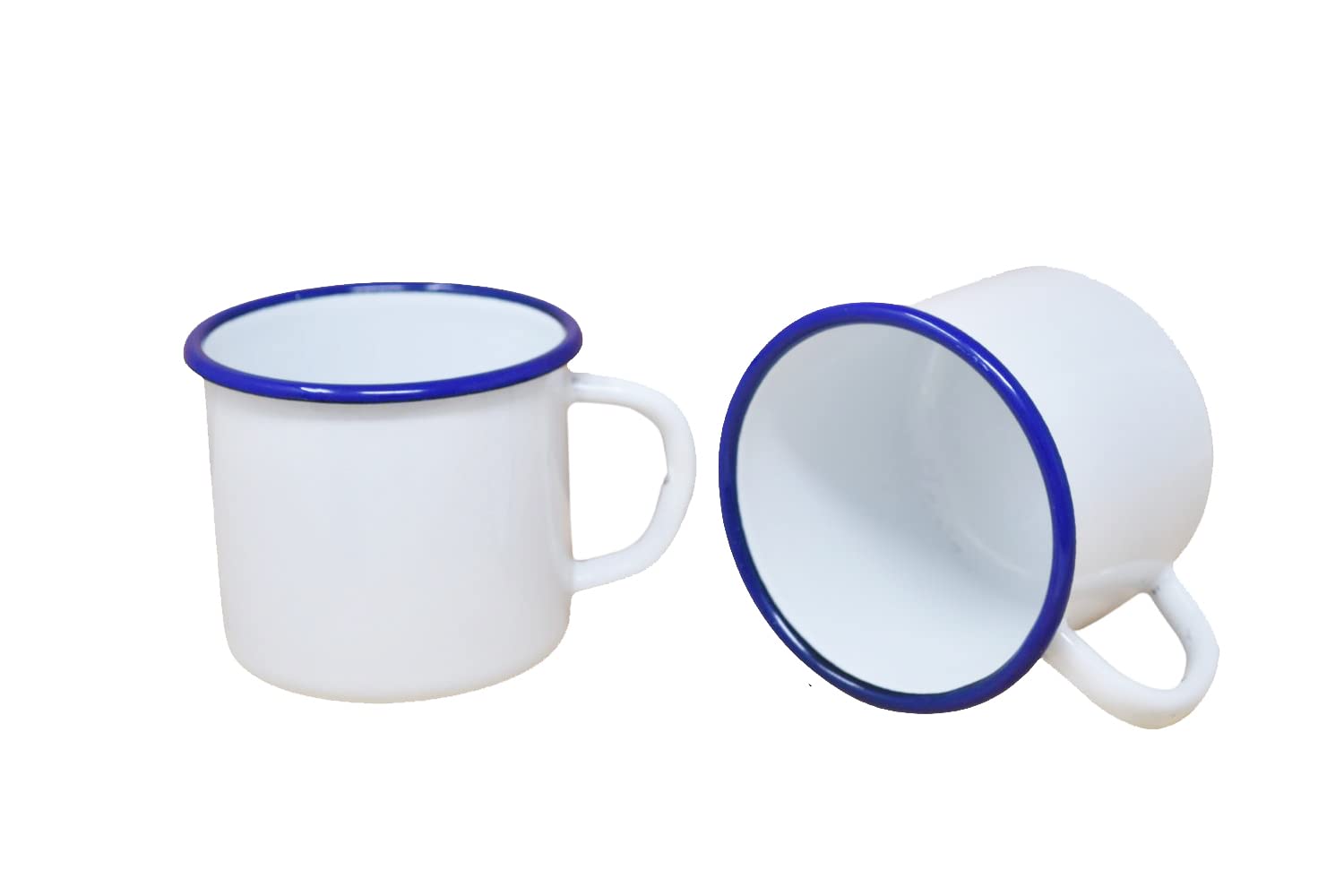 Madacha 2 x 250ml Metal Enamel Mugs White with Blue Trim