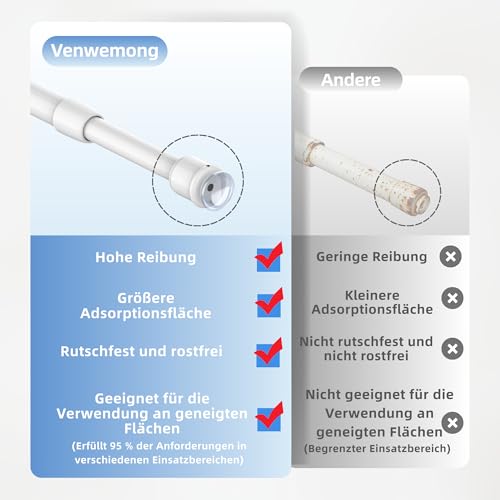 Venwemong 2 x Curtain Rod Tension 3 in 1 Extendable Without Drilling Spring 10 mm Adjustable 45 – 60 cm for Window Frames, Windows, Kitchen Cabinets, Shelves, Easy Installation without Construction