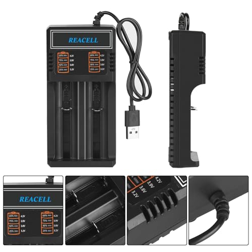 REACELL 18650 Battery Charger, Universal Fast Dual Charge Battery Charger for 3.7V/3.6V Li-ion Rechargeable Batteries 18650 18500 18490 18350 17670 17500 16340(RCR123) 14500 26650 22650 with USB Cable