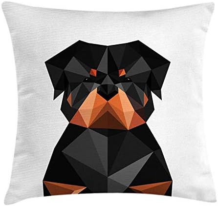 Queolszi Rottweiler Throw Pillow Cushion Cover, Cute Fractal Themed Poly Art Puppy Portrait Artistic Friendship Graphic, Decorative Square Accent Pillow Case, 18 X 18 inches, Black Cinnamon