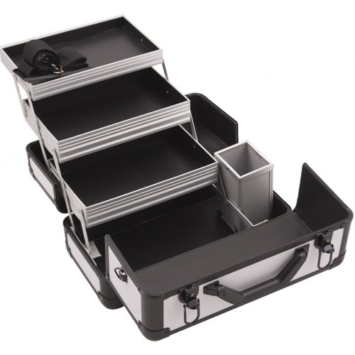 HIKER Makeup Train Case HK3101 Professional Aluminum, 3 Tier Tray and Brush Holder, Locking with Shoulder Strap, White Matte