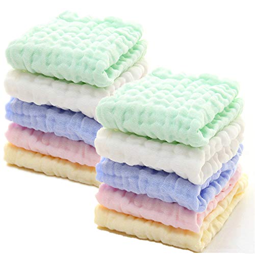 Baby Muslin Washcloths - Natural Muslin Cotton Baby Wipes - Soft Newborn Baby Face Towel for Sensitive Skin- Baby Registry as Shower Gift, 10 Pack 12x12 inches by MUKIN (Multicolored)