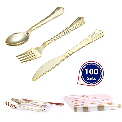 TBwisher 400 Pieces Gold Disposable Flatware - Heavyweight Plastic Cutlery Party Supplies - Disposable Plastic Silverware Set - Includes 100 Paper Napkins, 100 Forks, 100 Spoons, 100 Knives