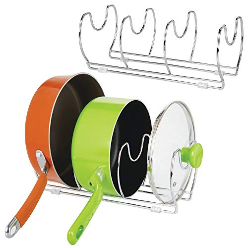 mDesign Metal Wire Pot, Pan Organizer Rack for Kitchen Cabinet, Pantry, Shelves, 6 Storage Slots for Vertical or Horizontal Placement of Skillets, Frying Pans, Lids, Baking Stones - 2 Pack - Chrome