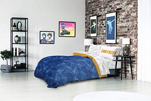 Fortnite-themed bedding set with comforter and pillowcases.