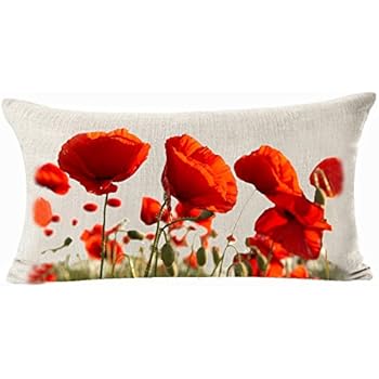 Enchanting Beautiful Red Poppy Flowers Garden Gift Anniversary Day Present Cotton Linen Home Office Decorative Throw Waist Lumbar Pillow Case Cushion Cover Rectangle 12 X 20 Inches