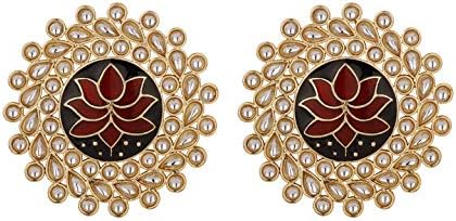 Naveli Kundan Gold Plated Antique Finish Maroon And Black Round Studd Earrings For Women