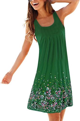 CadeVic Women's Casual Loose Floral Mini Print Pleated Sleeveless Sundress A-Line Beach Dress,Green,Large