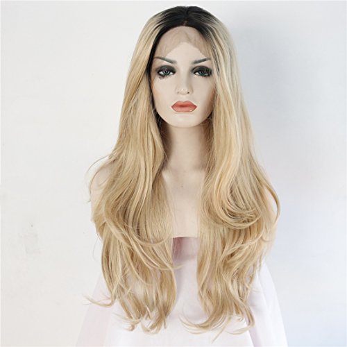 Ebingoo Handmade Synthetic Lace Front Wigs Black Ombre Blonde Cheap Heat Resistant Natural Wavy 2 Tones Fiber Hair JLS231 (24inches)