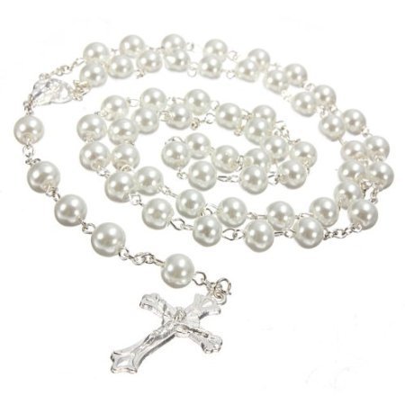 Rosary White Beads. White pearl effect First Holy Communion present. Holy Communion Gift. Girls First Baptism