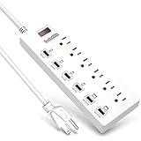 Bototek 6-Outlet USB Power Strip with 6 USB Charging Ports (5V/2.4A2 and 5V/1A4) and Built-in 1625W/13A 900J Surge Protector, 5.9ft Cord for Home/Office, White