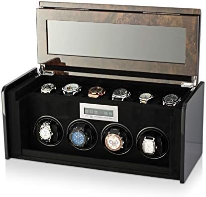 4+6 Watch Winder Box for Self-Winding up to 4 Automatic Watches with LED Case Backlight, LCD Touchscreen Display and 6 Watches Storage Compartment for All Watch Brands and All Watch Sizes