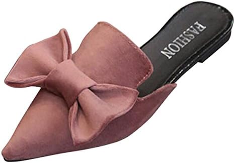 Slduv7 Crushed Velvet Cute Bowtie Mules For Woman Fashion Pointed Toe Flat Casual Emerald Green Mules (7.5 B(M) US, Pink)