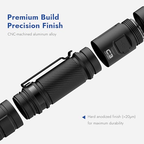 Torch Light Rechargeable WUBEN C3 Flashlights 1200 Lumen Led Rechargeable Torch Light 6 Modes Super Bright, IP68 Waterproof Torch, Best for Camping, Outdoor, Emergency, Everyday Carry, Gifts for Men