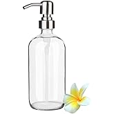SHUNCHG 17 Ounce/ 500 ML Clear Glass Soap Dispenser with Stainless Steel Pump Refillable Liquid Hand Soap Dispenser Lotion Round Bottle Container for Kitchen, Bathroom, 1 Pack
