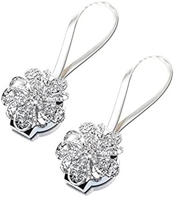 NSBJ 1 Pair Elegant Crystal Curtain Magnetic Tiebacks Blossom Diamond Curtain Clips Buckle with Stretchy Wire Rope Curtain Holdbacks Home Decorations Necessary (Silver)