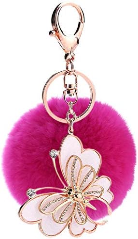 Fuyamp Butterfly Rhinestone Inlay Key Chain Faux Fur Ball Pom Pom Key Ring Bag Cellphone Car Charm Pendant Decoration Rhodo