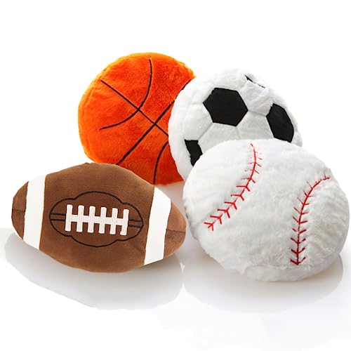 4 Pcs Sports Throw Pillows Fluffy Stuffed Soccer Ball Plush Pillow Baseball Throw Pillow Soft Stuffed Basketball Plush Pillows Football Shaped Plush Toy Sport Theme Cushion for Kids Room Decoration