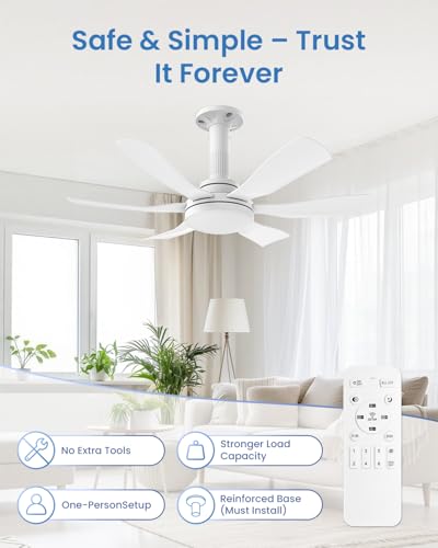 Hisummer 71cm Ventilatore da Soffitto con Luce e Telecomando, Attacco E27 Compatibile Solo con Base Fornita, Montaggio Veloce, Piccolo Ventilatore da Soffitto Silenzioso per Camera da Letto, Soggiorno