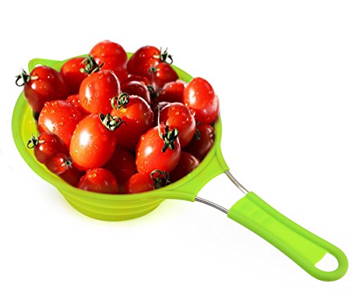 Collapsible Silicone Colander Foldable Strainer Kitchen Food Strainer with Stainless Steel Handle 100% BPA Free and Food Grade Silicone,Best for Rinsing or Draining Vegetables and Fruits-Green - Thumbnail 2