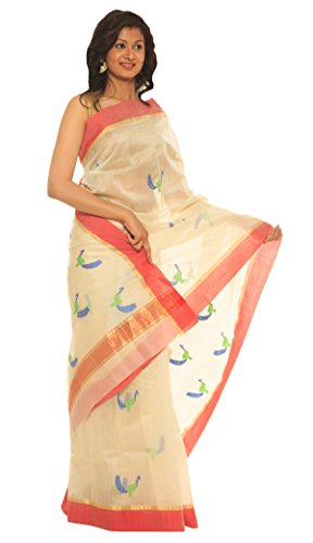 Indo Mood Womens Exclusive Indian Hand Woven Pure Chanderi Silk By Cotton Cream Color Saree