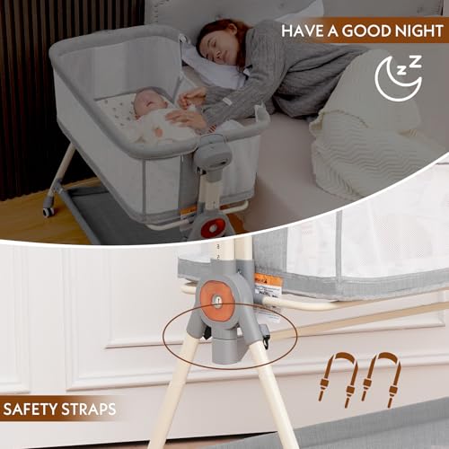 Baby Bassinet, Rocking Bassinet with Waterproof Sheets, Grey | 3 in 1 Baby Bassinets Bedside Sleeper 6 Height Adjustable Bedside Bassinet for Newborn