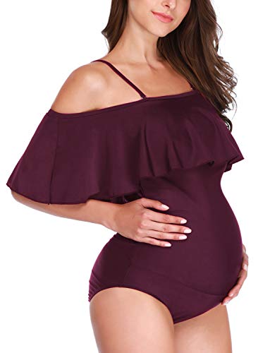 GINKANA Maternity Bikinis Tankini Flouncing One Piece Swimsuit Pregnancy Beachwear Summer Bathing Suits Burgundy