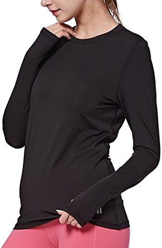 MOFEVER Women Active Long Sleeve Moisture Wicking Athletic Performance T-Shirt Dry Fit Thumb Hole Round with Crew Neck for Running Workout Sports Yoga Exercise Fitness Black/Red(S/M/L/XL)