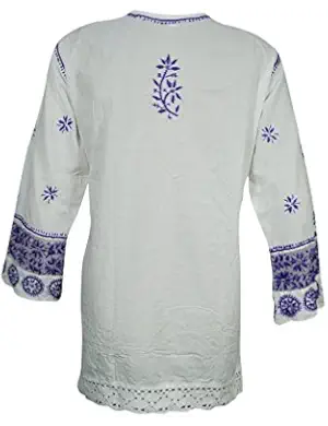 Mogul Womens Beach Tunic Floral Embroidered Cotton White Purple Coverup Blouse