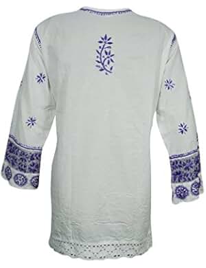 Mogul Womens Beach Tunic Floral Embroidered Cotton White Purple Coverup Blouse