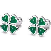 Tiny Clover Flower Earrings for Women 925 Sterling Silver Hypoallergenic 18G Green Love Heart 4 Leaf Petal Cute Small Ball Studs Cartilage Piercing Tragus Post Luck Dainty for Daughter Sister Friend