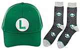 Nintendo Super Mario Bros Green Luigi Baseball Cap and Grey Mushroom Crew Sock Gift Bundle