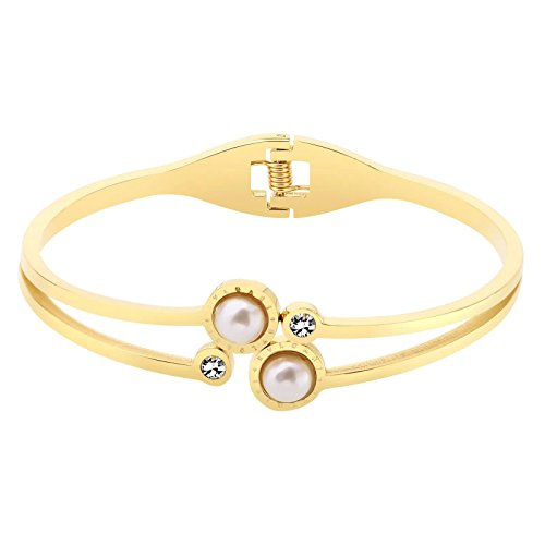 KnSam Stainless Steel Cuff Bracelets for Womens Freshwater Pearl and Round Cubic Zirconia Hollow Gold