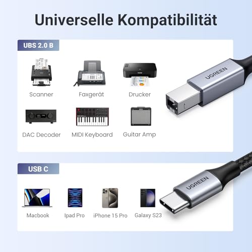 UGREEN USB C Printer Cable USB B to USB C Cable Scanner Cable with Aluminium Connector Compatible with iPhone 17/16/15 Series MacBook Canon Epson Printer DAC MIDI Cable etc (Silver 1 m)