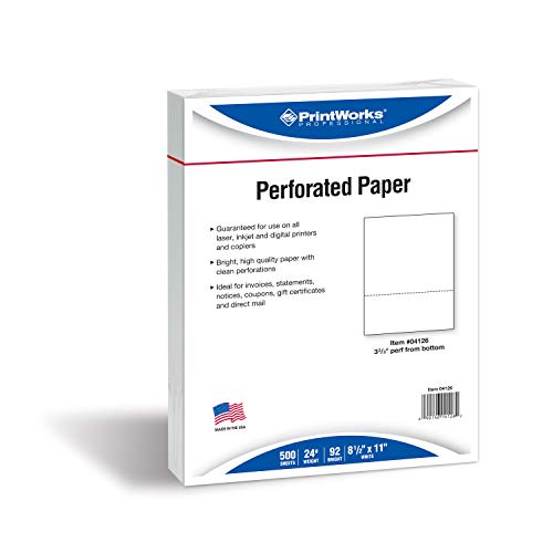 PrintWorks Professional Paper, 8.5 x 11, 24 lb, 1 Horizontal Perf 3.66" From Bottom, 2500 Sheets, White (04126C)