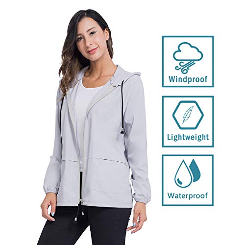 JTANIB Rain Jackets for Women, Lightweight Zip Up Hiking Travel Cycling Hooded Waterproof Raincoat S Grey