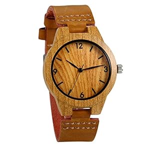 JewelryWe Women Watches Round Flamingo Pattern Wood-Like Quartz Watch Genuine Leather Watchband Wrist Watch