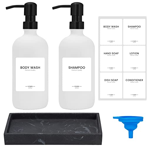 Photo 1 of Langley 2 Pack Glass Soap Dispenser with Pump and Marble Tray Vintage Soap Dispenser Bathroom & Kitchen Set Dish Soap, Hand Soap, Lotion Waterproof Labels White Bottles with Black Pumps