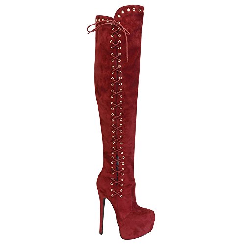 Urban Heels Women's VICTORIA-13 Faux Fur Over The Knee-High Lace Up High Heel Boots RED 6 M US