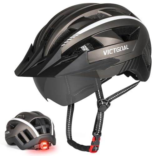 VICTGOAL Fahrradhelm mit Visier für Herren Damen, LED Rücklicht und Brille