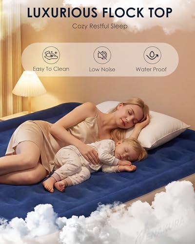 Double Size Airbed, Inflatable Mattress, Air bed with Built-in Pump, 190 x 137 x 46cm, Blow Up Mattress with Flocked Surface, 3 Mins Fast Self Inflating Guest AirBed for Home, Camping and Travel