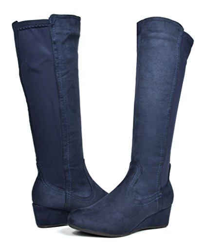 DREAM PAIRS LEVVE Women's Fashion Elastic Panel Fur Interior Low Wedge Knee High Boots Dark Blue