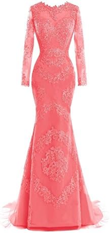 M Bridal Women's Crystals Lace Appliques Illusion Long Sleeve Mermaid Prom Dress