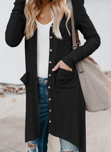Fisoew Women's Long Sleeve Button Down Knee Length Knit Long Cardigan with Pockets