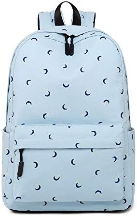 VOLINER Womens Moon Themed School Laptop Backpack Polyester Bookbag Light Blue