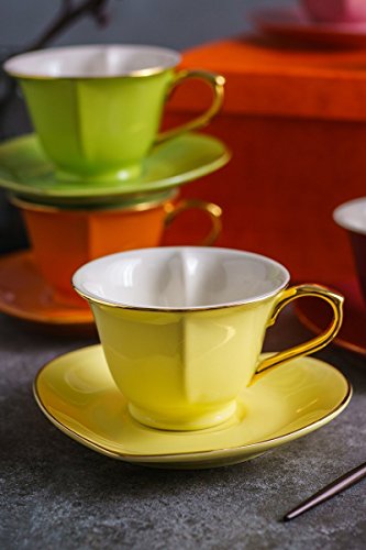 ARTVIGOR Heart Shape Glazed Mixed Color Boxed 150ml / 5.1oz Cup & Saucer Sets, Gift Boxed Coffee and Tea Set Service for 6 - Thumbnail 7