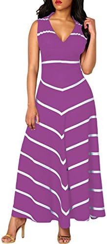 Lady Swain Womens Stripe V Neck Sleeveless Long Maxi Dress Cocktail Party Dress, Purple, Medium (TAG L)