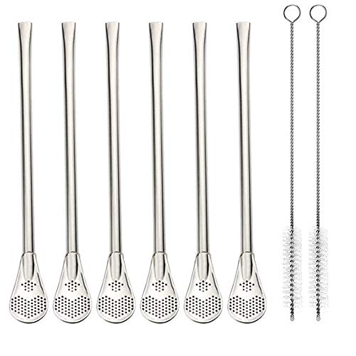 Dohuge Stainless Steel Drinking Straws with Filter Spoon 6 Pcs Reusable Yerba Mate Tea Bombilla Drinking Straws with 2 Pcs Cleaning Brushes Set, 7.1inch/18CM Long