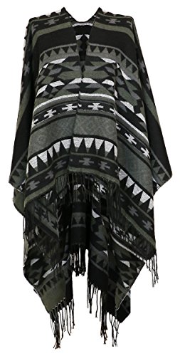 Cozzy Land Aztec Inspired Tasseled Ruana Wrap (Fog)